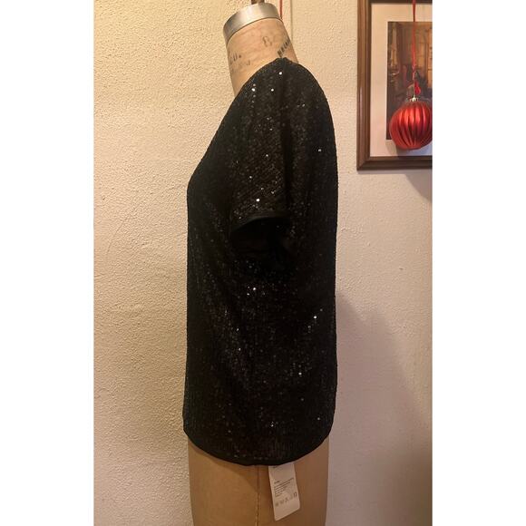Women's Black Sparkly Sequin Short Sleeve T-shirt Top NWT Size S - Picture 4 of 7